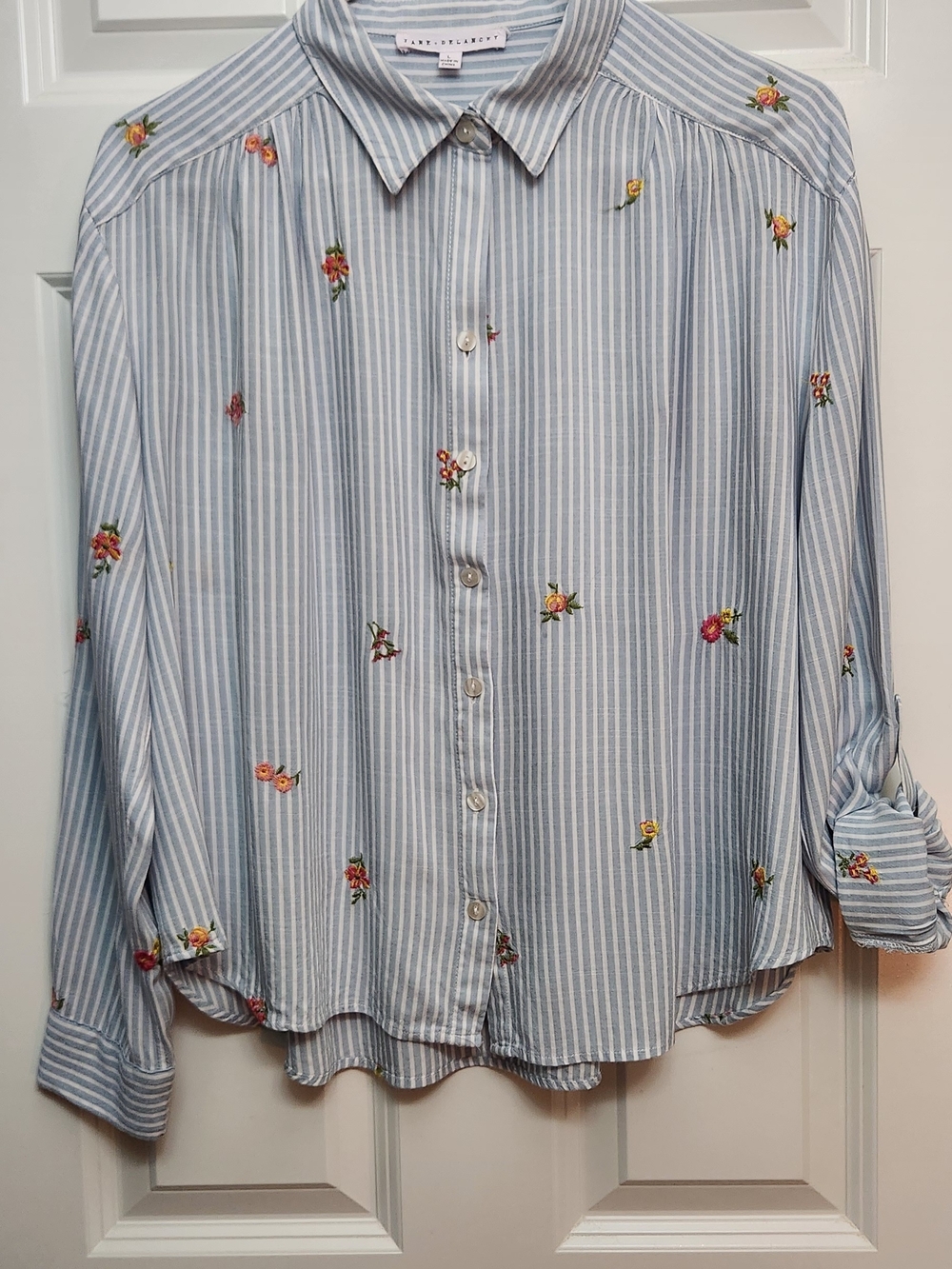 Jane + Delancey, Size L. Rails Floral Embroidered Blue Stripe Button-Up Shirt